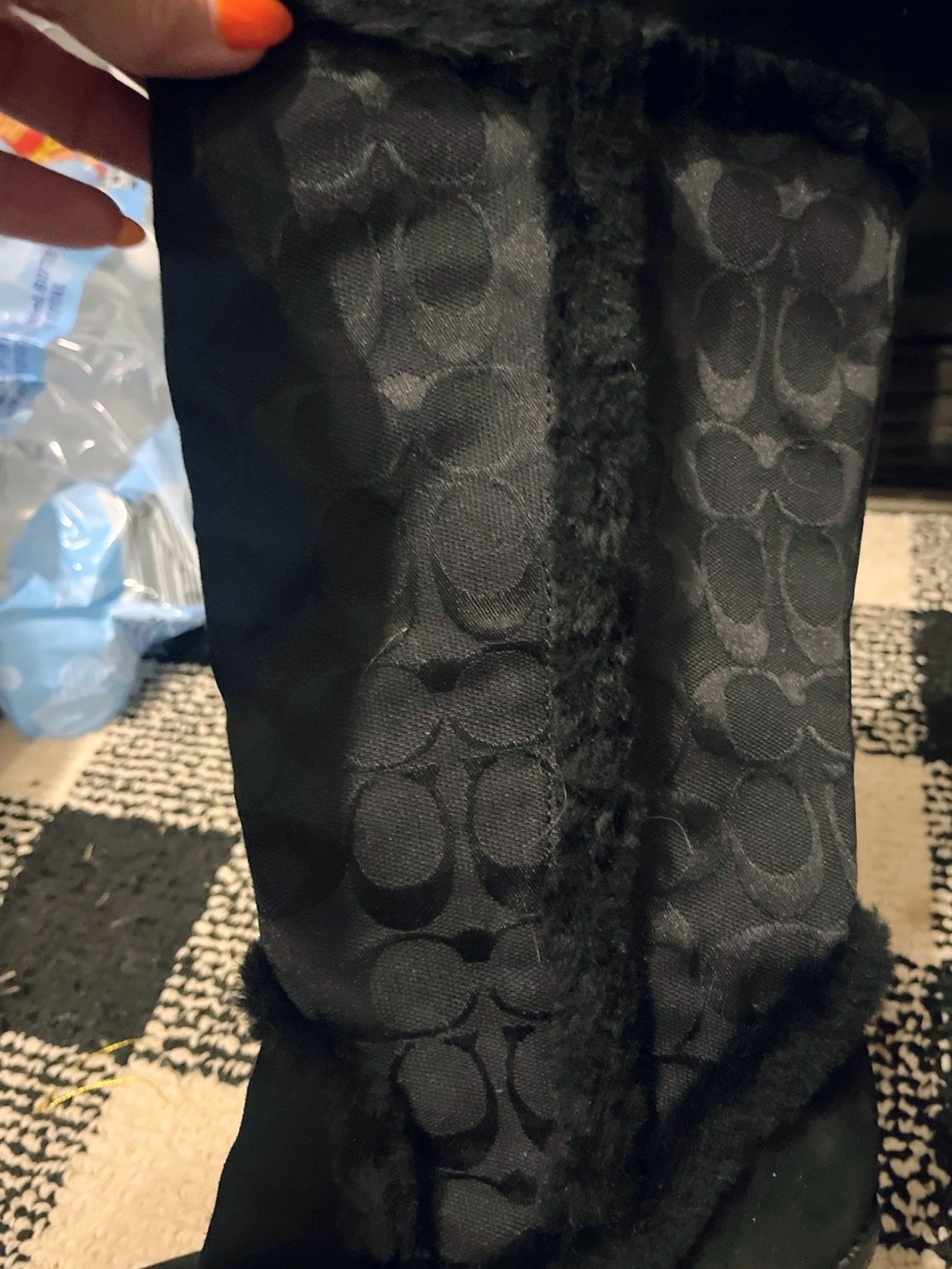 Coach Black Logo Jacquard Leggings with Faux Fur Trim